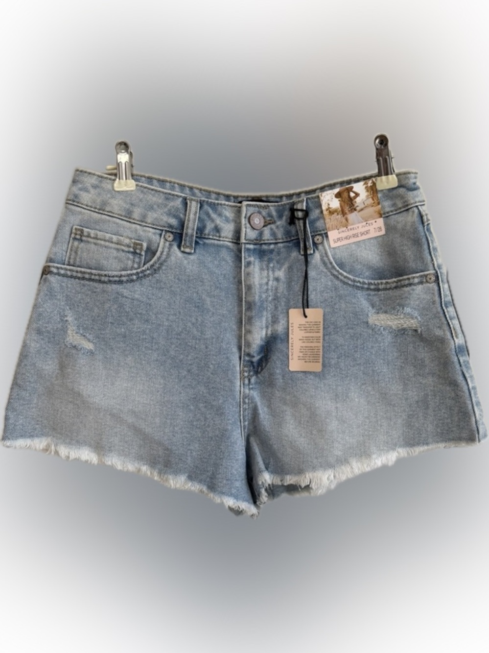 Sincerely Jules Super High Rise Denim Shorts Size 7/28 Light Wash Raw Hem